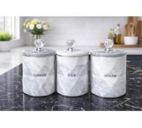 BMLIMITED Tea Coffee Sugar Canister Set of 3 Marble Effect Ceramic Storage Jars Airtight Crystal Lid Kitchen Counter Canisters for Coffee Tea Sugar Modern Kitchen Decor Gift Set