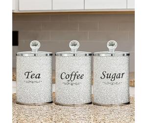 BMLIMITED White Diamond Tea Coffee Sugar Jars Luxury Crushed Crystal Canister Set Airtight Storage Jars for Kitchen Storage & Home Décor Perfect for Housewarming & Weddings