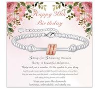 BMMYE 30th Birthday Gifts for Women, Sterling Silver Bracelet with Rose Gold Rings Adjustable Silver Beaded Bracelet with Birthday Cards Gifts for Women Sister Friends Mum Grandma