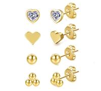 BMMYE Gold Stud Earrings for Women Ball Tiny Cartilage Gold Studs Earrings Set Cubic Zirconia Earrings Hypoallergenic Heart Sterling Silver Stud Earrings for Women