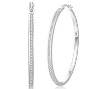BMMYE Silver Hoops Earrings for Women Sterling Silver Hoop Earrings for Women Thin Oval Cubic Zirconia Earring Hoops 40mm Large Hoop Earring