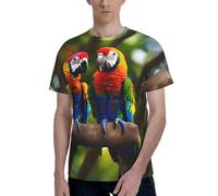 bmnaswt Colorful Parrots On Tree Print Men's Trendy T-Shirt, Crew Neck Short Sleeve Tee, Soft Loose Top for Daily Casual Wear Black