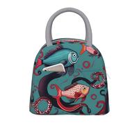 bmnaswt Fish and Octopus Print Insulated Lunch Bag, Lunch Bag with Front Pocket, Insulated Lunchbox with Zippers