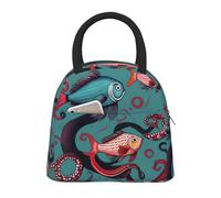 bmnaswt Fish and Octopus Print Insulated Lunch Bag, Lunch Bag with Front Pocket, Insulated Lunchbox with Zippers