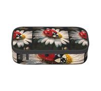 bmnaswt Ladybug Flower Print Large Capacity Layered Pencil Pouch, Zipper Storage Bag with Mesh Pocket & Pen Slots