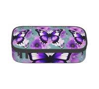 bmnaswt Purple Butterfly Print Large Capacity Layered Pencil Pouch, Zipper Storage Bag with Mesh Pocket & Pen Slots