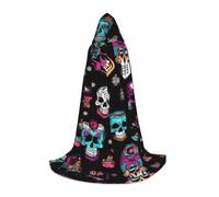 bmnaswt Sugar And Skulls Style Print Hooded Cape, Elevate Your Festive Look, Big Hood & Bow Tie, For Halloween/Cosplay