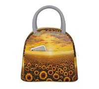 bmnaswt Sunflower Field Sunset Sea of Flowers Print Insulated Lunch Bag, Lunch Bag with Front Pocket, Insulated Lunchbox with Zippers