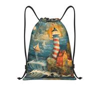 bmnaswt The Seaside Lighthouse Print Drawstring Bag, Foldable Gym Backpack For Beach, Hiking, Gym & Daily Errands