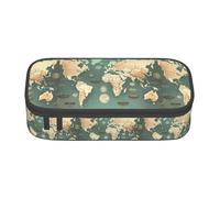 bmnaswt World Map Retro Print Large Capacity Layered Pencil Pouch, Zipper Storage Bag with Mesh Pocket & Pen Slots
