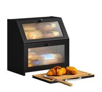 BMOSU Double Bread Box with Cutting Board Kitchen Countertop Bread Box Bamboo Wood Oversized Capacity Bin Kitchen Food Storage Container(Black)