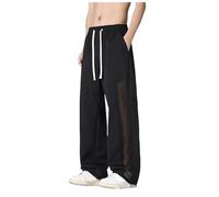 Bmrbndc Men's Lightweight Wide Leg Trousers Breathable Mesh Panel Drawstring Casual Pants Loose Straight Summer Walking Bottoms with Pockets (L) Black