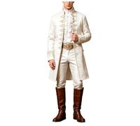 Bmrbndc Men's Vintage Gold Embroidered Tailcoat Jacket Gothic Steampunk Stand Collar Frock Coat 18th Century Pirate Officer Costume (White, XXXL)