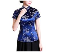 Bmrbndc Womens Chinese Shirts Mandarin Collar Satin Blouse, Ladies Chinese Floral Print Short Sleeve Qipao Tops (Navy, XXXXXXL)