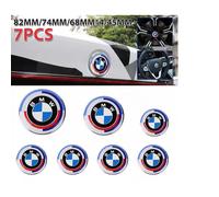 BMW 50th Anniversary Emblem Set 7pcs: Hood 82mm, Trunk 74mm, Wheel Caps 68mm (x4), Steering Wheel 45mm; ABS + Aluminum, Waterproof, Anti-Rust
