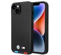 BMW BMHMP14S22PTDK Phone Case for iPhone 14 6.1 Inch Black Leather Stamp Tricolour