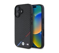 CG MOBILE BMW HC M Phone Case Designed for iPhone 16, Durable, Shock Proof, Compatible with Magsafe, PU Carbon Tricolor Line Case Black