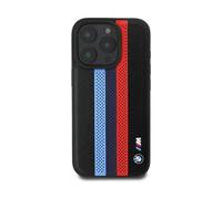 CG MOBILE BMW HC M Phone Case Designed for iPhone 16 Pro, Durable, Shock Proof, Compatible with Magsafe, PU Perforated Tricolor Printed Stripes Case Black