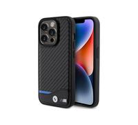 BMW iPhone 15 Pro Case, Black - Leather Carbon Blue Line