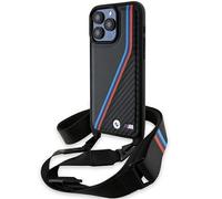 CG MOBILE BMW BMHCP15L23PSVTK Case for iPhone 15 Pro 6.1 Inch Black Hard Case M Edition Carbon Tricolour Lines & Strap