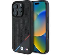 CG MOBILE BMW HC M Phone Case Designed for iPhone 16 Pro Max, Durable, Shock Proof, Compatible with Magsafe, PU Perforated Tricolor Line Case Black