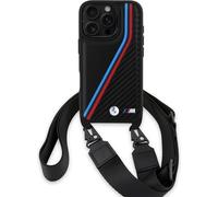 BMW M Series Carbon Tricolor Lines & Strap Case for iPhone 16 Pro 6.3" Black - BMHCP16L23PSVTK