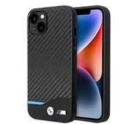 BMW Phone Case for iPhone 14 Plus in Black with Bottom Horizontal Blue Line, PU Carbon Fiber Protective & Durable Case with Easy Snap-on, Shock Absorption & Signature Logo