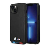 BMW Phone Case for iPhone 14 Plus in Black with Tricolor Bottom Lines, PU Leather M Collection, Smooth Protective Case with Easy Snap-on, Shock Absorption & Signature Logo