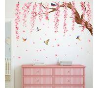 BMYUK Large Pink Flower Tree Branch Wall Decals Hanging Floral Tree Branch Birds Living Room Sofa TV Background Home Decor