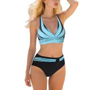 BMYUK Women's Two Piece Swimsuit Vintage Printed High Waisted Tummy Trimming Bikini Wrap Front Criss Cross Adjustable Straps Swimsuit (UK, Alpha, S, Regular, Regular, Black Stripe)