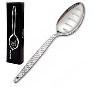 BNAZIND Chef Kunz Slotted Spoon | 18/10 Silver Stainless Steel Draining and Serving Spoon | 9 inch Basting, Quenelle, Cooking, Plating, Dinner Chef Spoons with Non-Slip Grip
