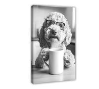 BNCEDJK Labradoodle Dog Drinking Coffee & Wearing Glasses, Canvas Poster Bedroom Decor Landscape Decor Gift 12x18inch(30x45cm)