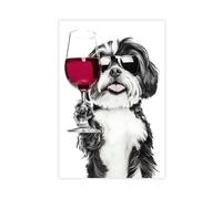 BNCEDJK Shih Tzu Dog Drinking Wine & Wearing Sunglasses, Canvas Poster Wall Art Print Picture Paintings 08x12inch(20x30cm)