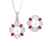 BNCXMO 14mm White Pearl Ruby Emerald Pendant Necklace Ring for Women Wedding Engagement Jewelry Sets Gift
