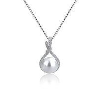 BNCXMO 925 Silver Jewelry Necklace Pendant Round White Pearl Zircon Gemstone Accessories for Women Wedding Engagement