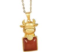 BNCXMO Accessories Vintage S925 Necklace for Women Gold Plated Red Agate Zodiac Cow Handmade Classical Jewelry Women's Pendant Necklaces Charm Gift National Old Craft