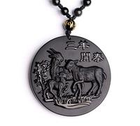 BNfthRT Natural Black Obsidian Three Sheep Necklace Pendant Jade Jewelry Fine Sheeps Bring Bliss