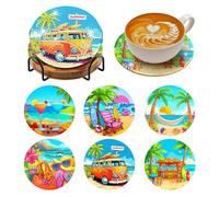 BNG Beach Diamond Paintings Coasters Kits Set with Holder, 6Pcs Sunshine Sea Art DIY Crafts Coasters for Adults, Art Painting Kits for Women, Beginners, Diamond Craft Supplies