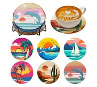 BNG Beach Sunset Diamond Paintings Coasters Kits Set with Holder, 6Pcs Beach Landscape Art DIY Crafts Coasters for Adults, Women, Beginners, Diamond Craft Supplies for Home Table Decor & Gifts