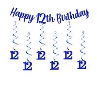 bng-bng 12th Birthday Decorations Happy 12th Birthday Bunting Banner And Hanging Swirls Streamers 12 banner For Boys Age 12 Pre-teen Party Decorations Supplies Blue