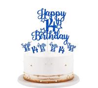 bng-bng 14th Birthday Cake Topper,Blue Glittery Happy 14th Birthday Cake Cupcake Toppers For Boys Age 14 Birthday Party Supplies Decorations
