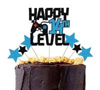 bng-bng 14th Birthday Cake Topper Glittery Happy 14th Level Cake Cupcake Toppers Boys Game Theme Party Supplies Age 14 Fourteen Years Old Birthday Cake Decorations