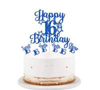 bng-bng 16th Birthday Cake Topper Boys Girls Blue Glittery Happy 16th Birthday Cake Cupcake Toppers For Boy or Girl 16 Sixteen Years Old Birthday Party Supplies Decorations