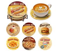 BNG Retro Food Diamond Paintings Coasters Kits with Holder, 6Pcs Fast Food Coasters for Drinks Art DIY Crafts Coasters for Adults, Art Painting Kits Gifts for Women, Beginners, Diamond Craft Supplies