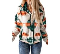 Bnigung Women's Fleece Jacket Vintage Aztec Print Snap Button Down Casual Long Sleeve Shacket Coats Shirt with Pockets, Green, M
