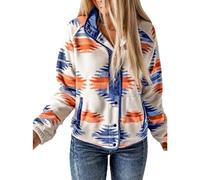 Bnigung Women's Fleece Jacket Vintage Aztec Print Snap Button Down Casual Long Sleeve Shacket Coats Shirt with Pockets, Dark-blue, M