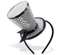 Bniksok Mini Top Hat Headband Sequins Tea Party Headpiece Fascinator 1920s Gatsby Party Costume Accessory for Women Lady Gril, Silver, Small