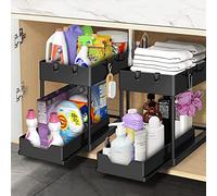 Bnimtm 2 Pack Under Sink Storage Kitchen Organiser - Sliding Drawer Pull Out Organiser with Hooks, Under Sink Shelf Caddy for Kitchen Bathroom