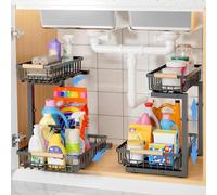 Bnimtm Kitchen Storage & Organisation, 2 Pack Under Sink Storage, Two Tiers of Pull-Out and Freely Adjustable Height Under Sink Organiser, Beautiful and Sturdy, Black
