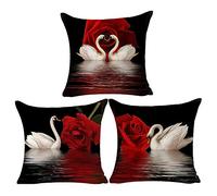 Bnitoam Set of 3 Plant Beautiful Swan Red Rose Black Background Cotton Linen Square Decorative Throw Pillow Cover Cushion Case Couch for Outdoor Bed Sofa Family Birthday 18x18 inch (red5)